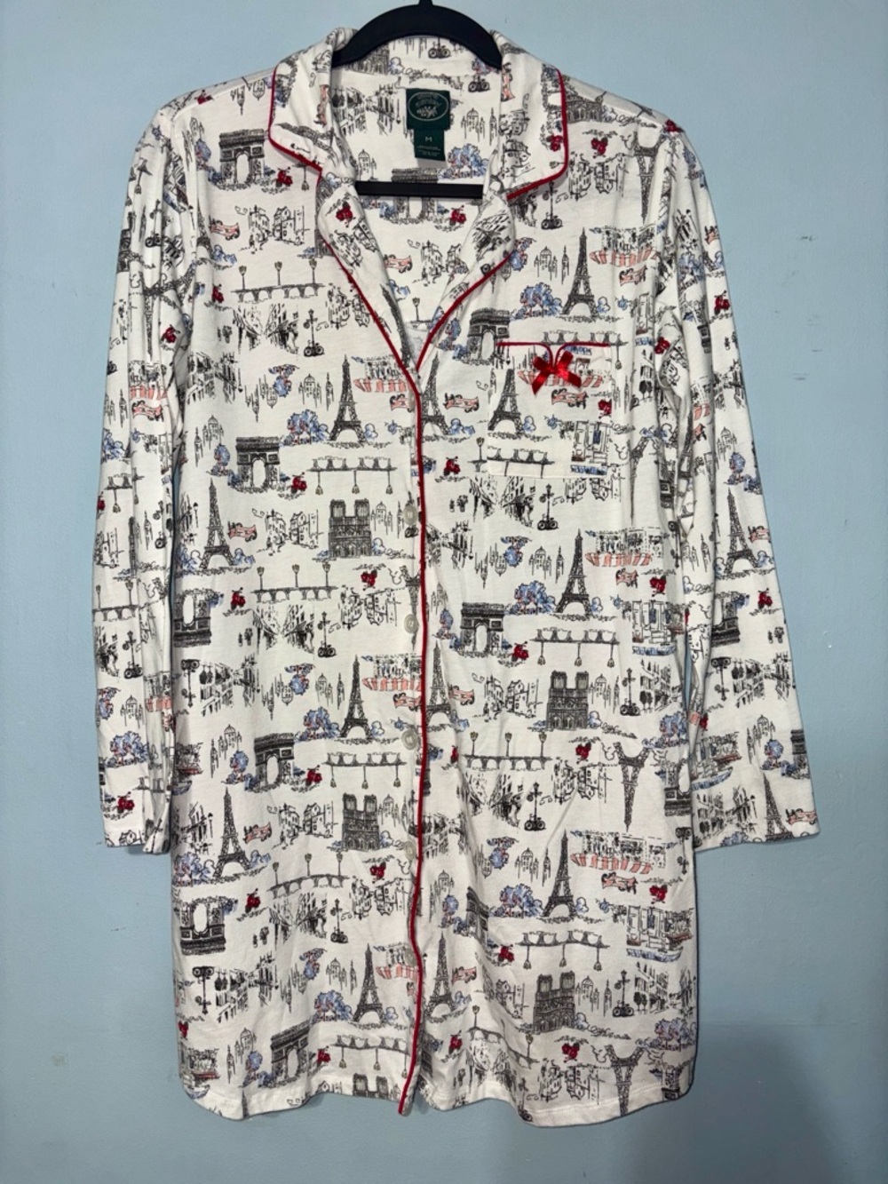 Laura Ashley M White Eiffel Tower Print Womens Cotton Blend Nightshirt Red Trim
